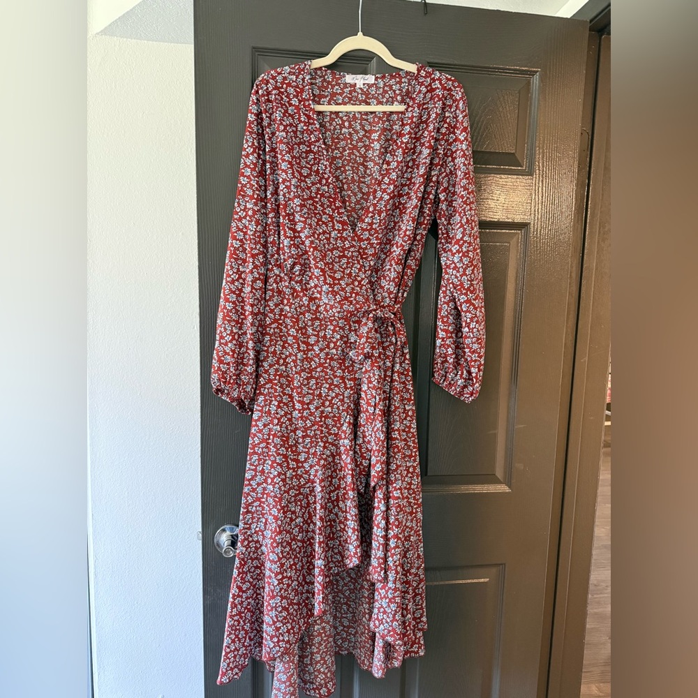 Floral Wrap Midi Dress in Rust Red